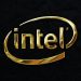 a gold intel logo on a black background