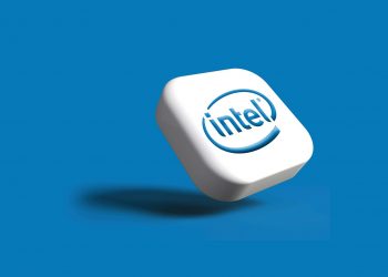the intel logo is shown on a white cube
