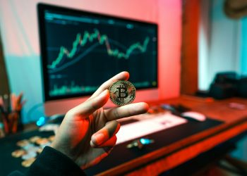 a person holding a coin in front of a computer